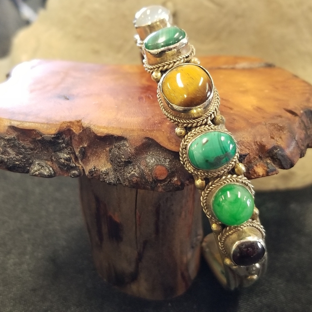 Mixed metal multi semiprecious cuff bracelet
